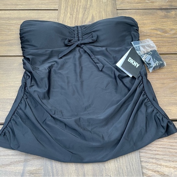 DKNY Women's Black Stretch Ruched Bandeau  Convertible Tie Tankini Swimsuit Top - Picture 2 of 8